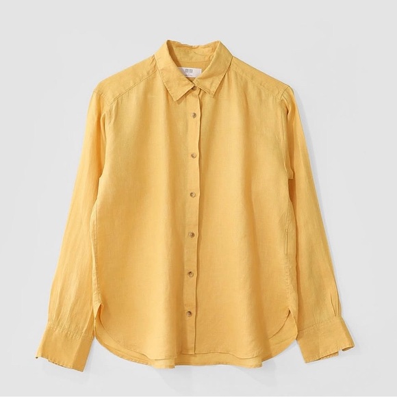 Uniqlo Yellow 100% Linen Button Front Shirt Size S - Picture 2 of 7